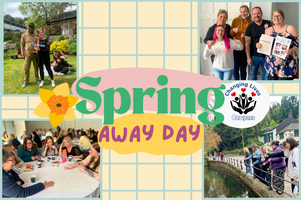 Text: "Spring Away Day" Grid pattern, with photos of staff outside, with certificates and working on a project. Also, illustrations of a daffodil and the Compass Changing Lives logo